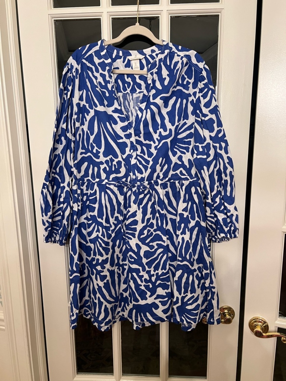 H&M Blue and White Print Long Sleeve Dress - size L